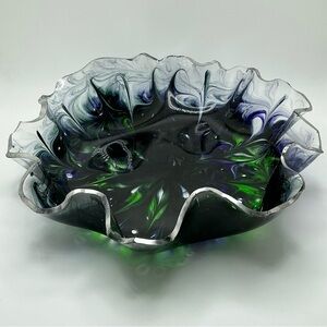 Lucite/Acrylic decorative ink dyed bowl, blue & green 10” fun funky BX25